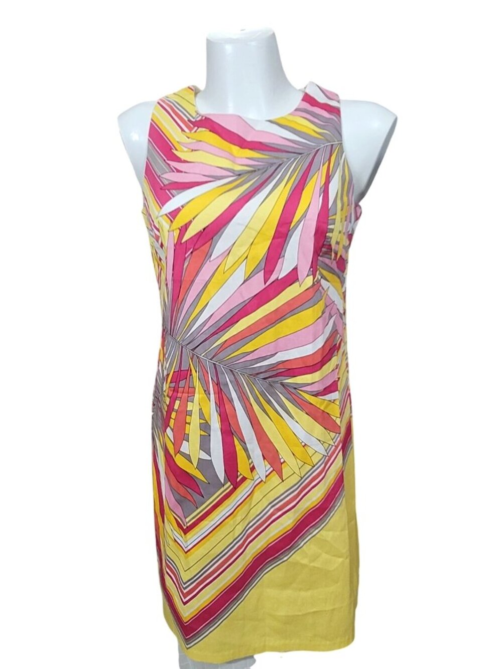 Sleeveless London Times Yellow Pink Tropical Print Dress Size 8